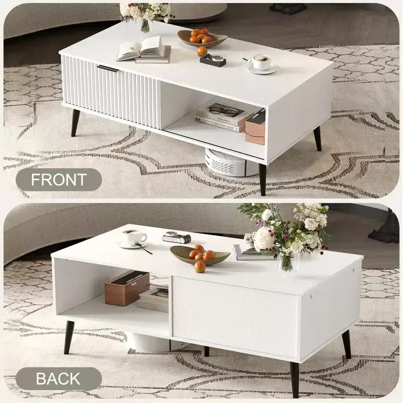 Table basse de ferme – Porte coulissante cannelée et plateau en bois, pour maison, appartement, bureau