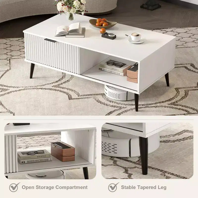 Table basse de ferme – Porte coulissante cannelée et plateau en bois, pour maison, appartement, bureau