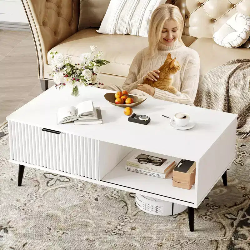 Table basse de ferme – Porte coulissante cannelée et plateau en bois, pour maison, appartement, bureau