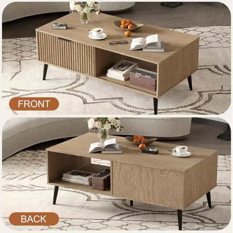 Table basse de ferme – Porte coulissante cannelée et plateau en bois, pour maison, appartement, bureau