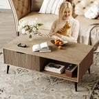 Table basse de ferme – Porte coulissante cannelée et plateau en bois, pour maison, appartement, bureau