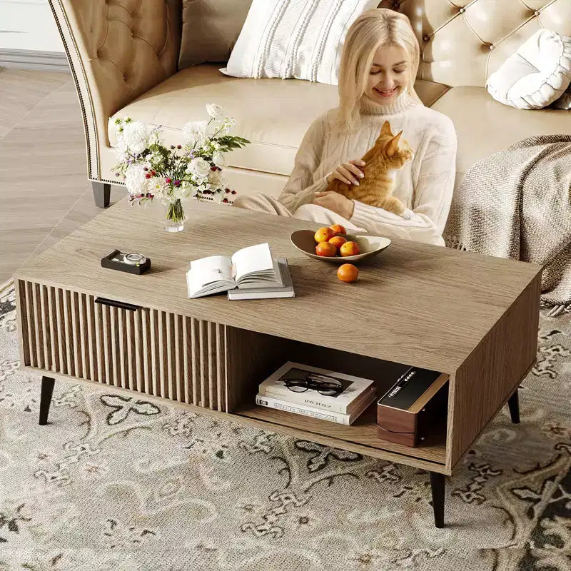 Table basse de ferme – Porte coulissante cannelée et plateau en bois, pour maison, appartement, bureau