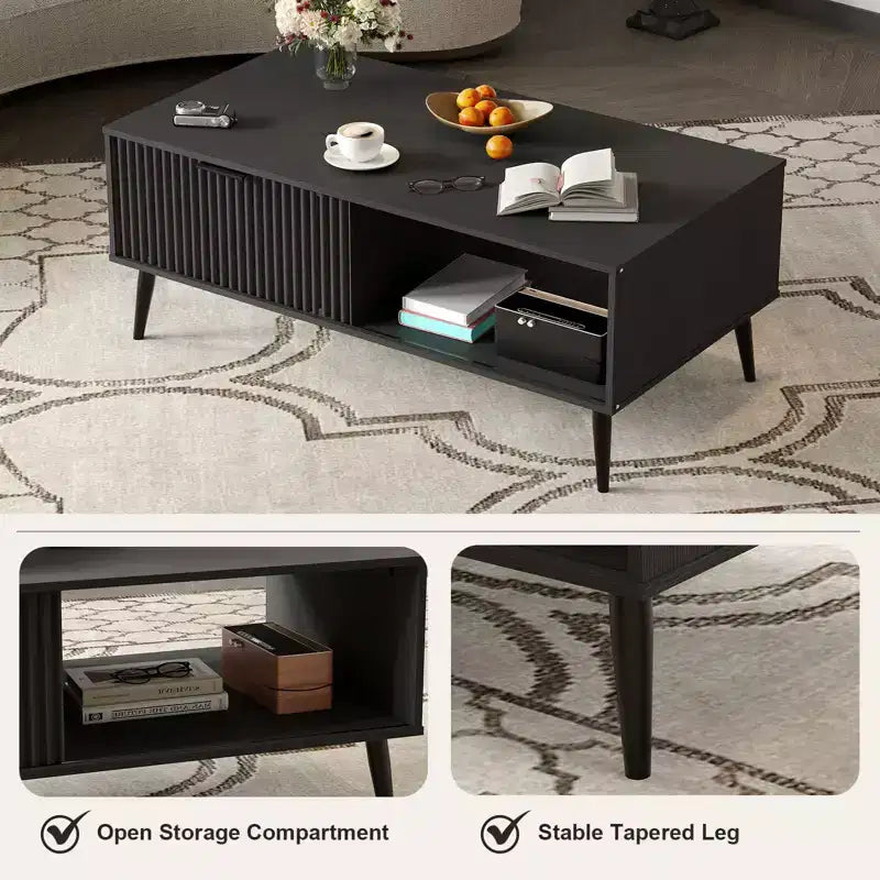 Table basse de ferme – Porte coulissante cannelée et plateau en bois, pour maison, appartement, bureau