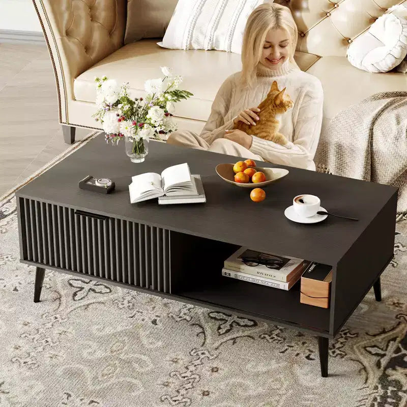 Table basse de ferme – Porte coulissante cannelée et plateau en bois, pour maison, appartement, bureau