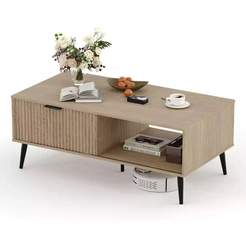 Table basse de ferme – Porte coulissante cannelée et plateau en bois, pour maison, appartement, bureau