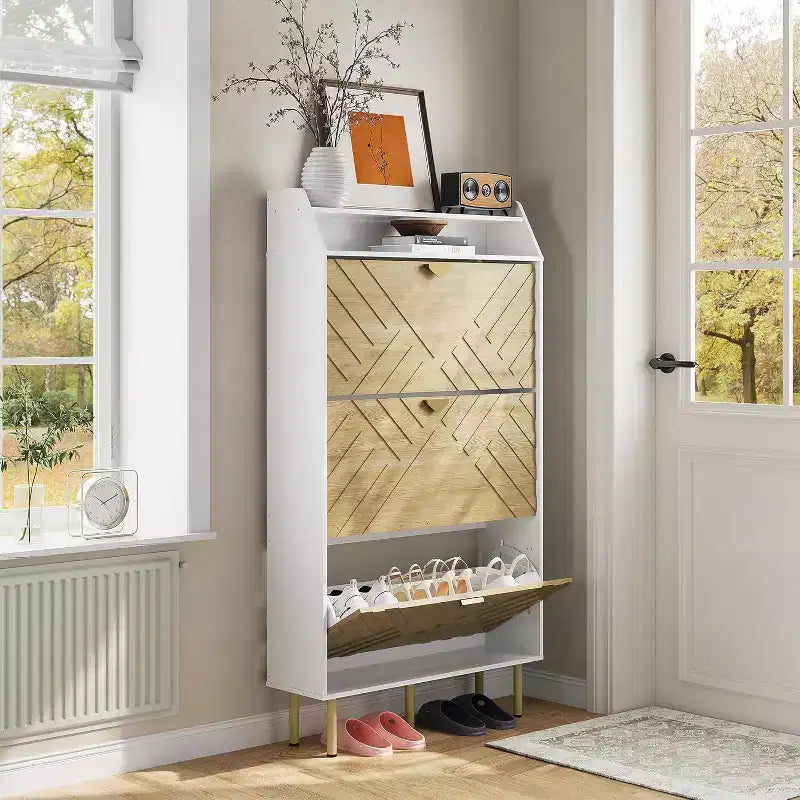 Meuble à chaussures de rangement pour entrée, ultra fin avec 3 tiroirs basculants, meuble à chaussures étroit de 79 cm de large pour porte d'entrée, organisateur de chaussures autoportant