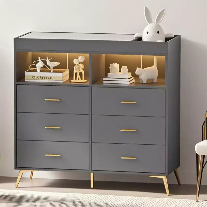 Commode à langer avec tiroirs, Commode bébé avec plan à langer, Prise électrique, Lumière LED et pieds en métal, Station de change