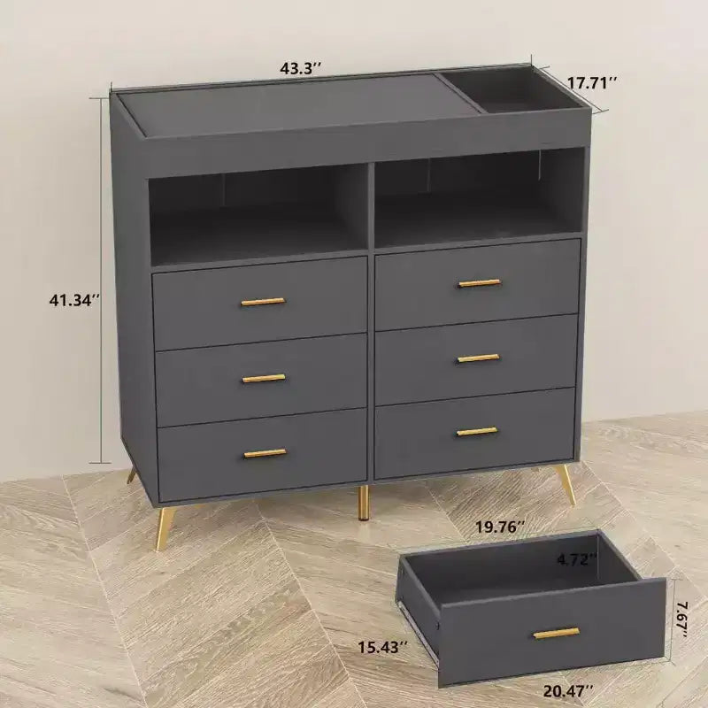 Commode à langer avec tiroirs, Commode bébé avec plan à langer, Prise électrique, Lumière LED et pieds en métal, Station de change