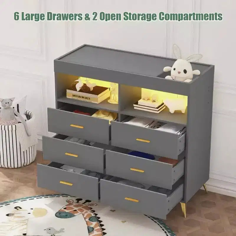 Commode à langer avec tiroirs, Commode bébé avec plan à langer, Prise électrique, Lumière LED et pieds en métal, Station de change