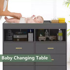 Commode à langer avec tiroirs, Commode bébé avec plan à langer, Prise électrique, Lumière LED et pieds en métal, Station de change