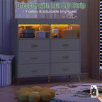 Commode à langer avec tiroirs, Commode bébé avec plan à langer, Prise électrique, Lumière LED et pieds en métal, Station de change