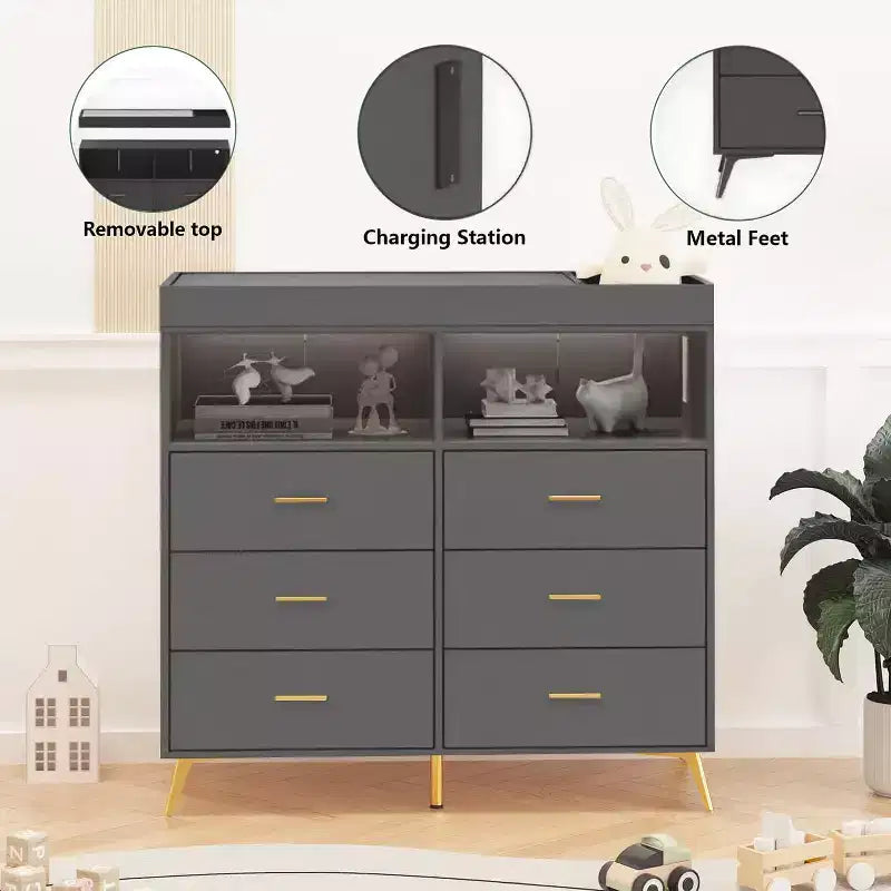 Commode à langer avec tiroirs, Commode bébé avec plan à langer, Prise électrique, Lumière LED et pieds en métal, Station de change