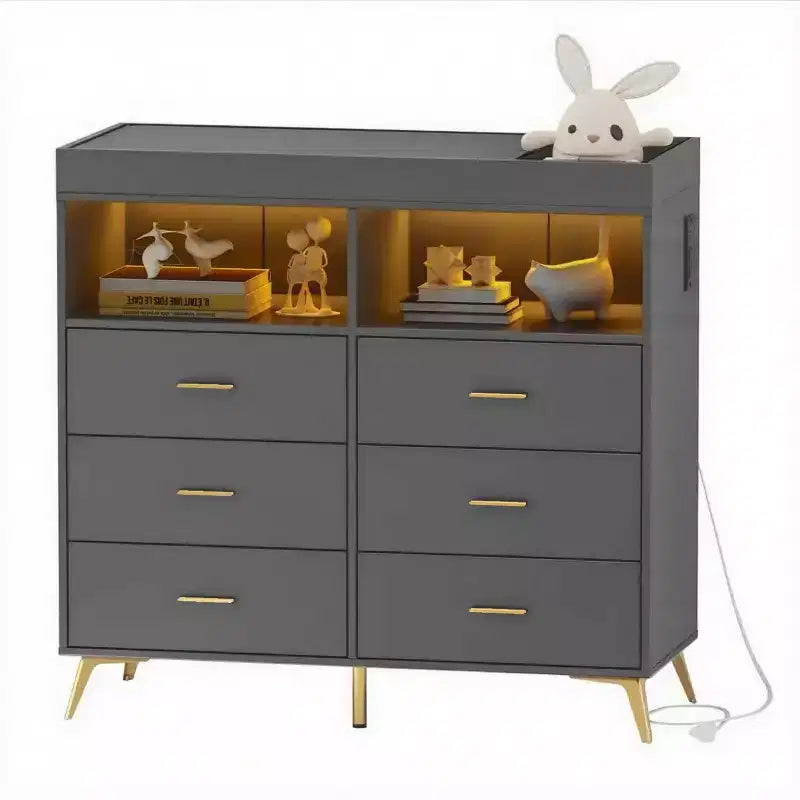 Commode à langer avec tiroirs, Commode bébé avec plan à langer, Prise électrique, Lumière LED et pieds en métal, Station de change