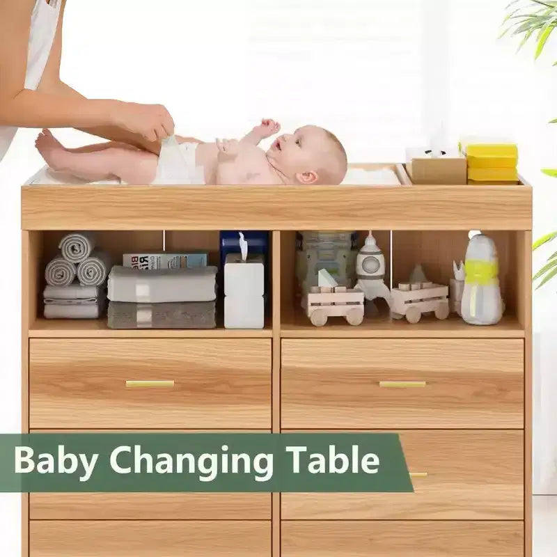 Commode à langer avec tiroirs, Commode bébé avec plan à langer, Prise électrique, Lumière LED et pieds en métal, Station de change