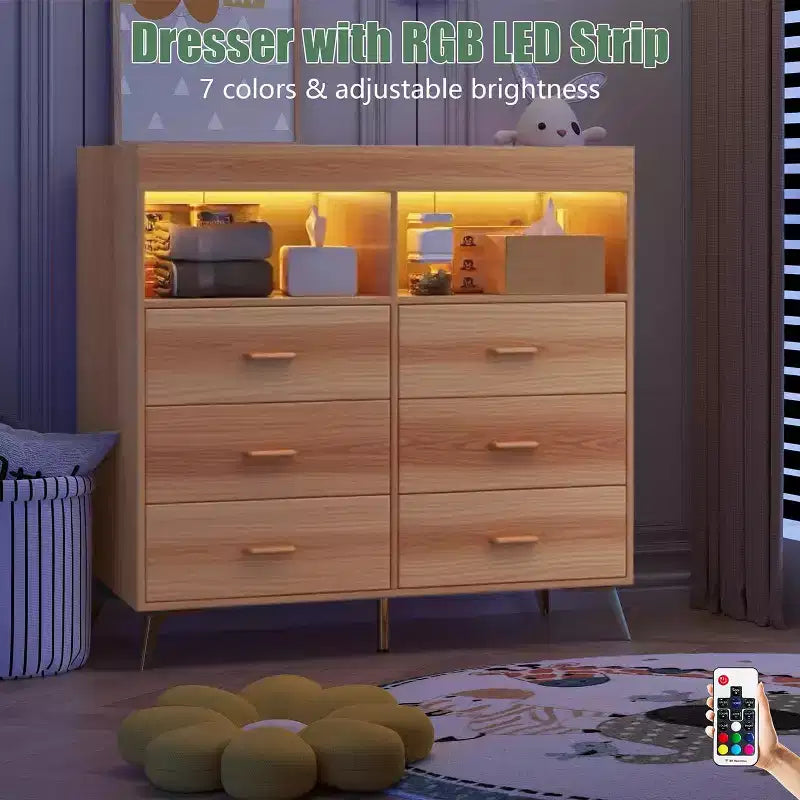 Commode à langer avec tiroirs, Commode bébé avec plan à langer, Prise électrique, Lumière LED et pieds en métal, Station de change