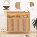 Commode à langer avec tiroirs, Commode bébé avec plan à langer, Prise électrique, Lumière LED et pieds en métal, Station de change