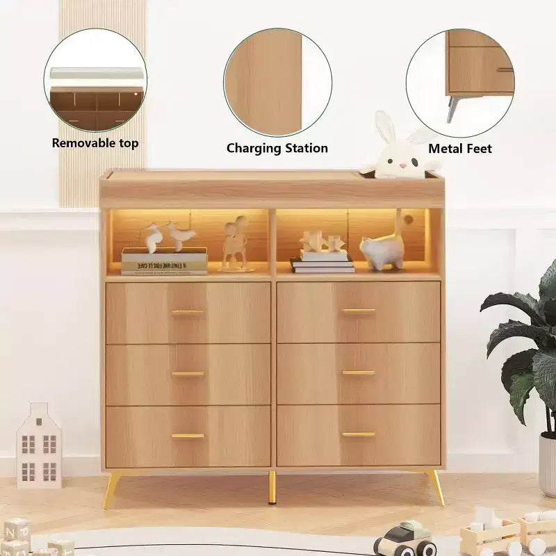 Commode à langer avec tiroirs, Commode bébé avec plan à langer, Prise électrique, Lumière LED et pieds en métal, Station de change