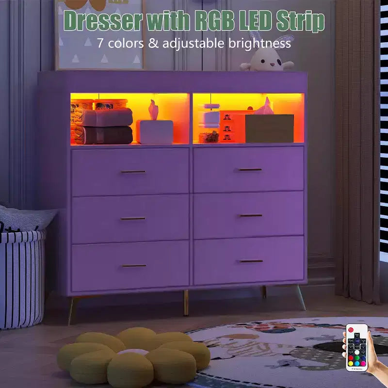 Commode à langer avec tiroirs, Commode bébé avec plan à langer, Prise électrique, Lumière LED et pieds en métal, Station de change