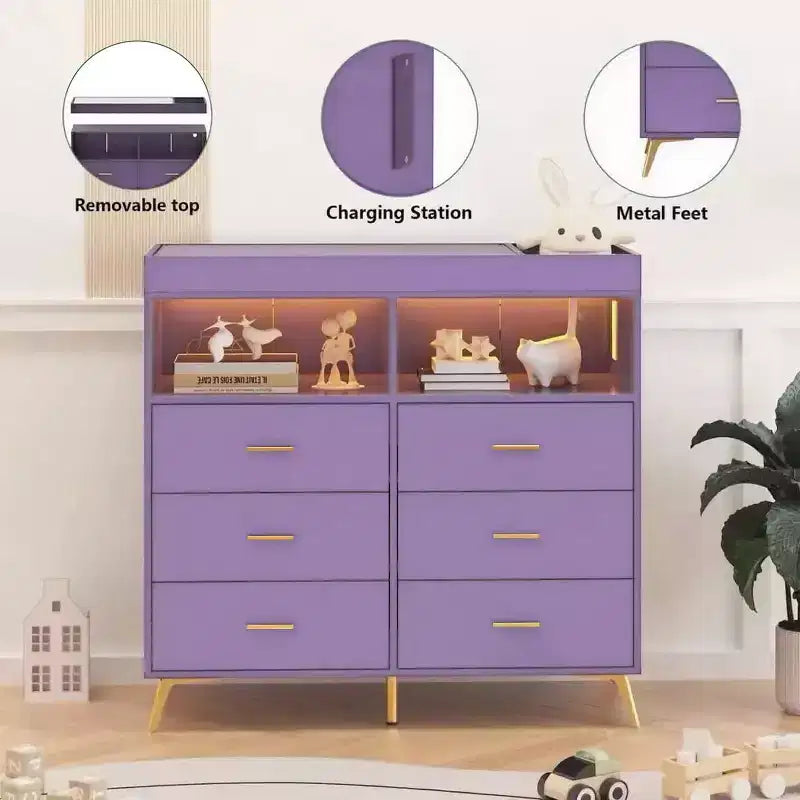 Commode à langer avec tiroirs, Commode bébé avec plan à langer, Prise électrique, Lumière LED et pieds en métal, Station de change