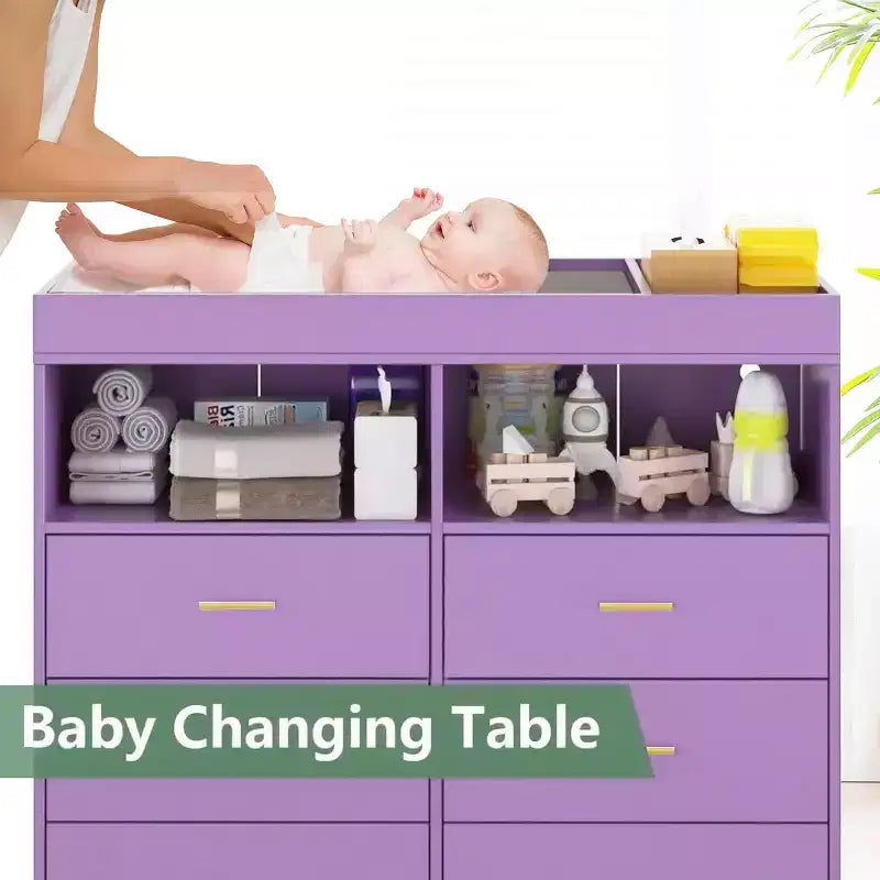 Commode à langer avec tiroirs, Commode bébé avec plan à langer, Prise électrique, Lumière LED et pieds en métal, Station de change