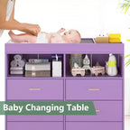 Commode à langer avec tiroirs, Commode bébé avec plan à langer, Prise électrique, Lumière LED et pieds en métal, Station de change