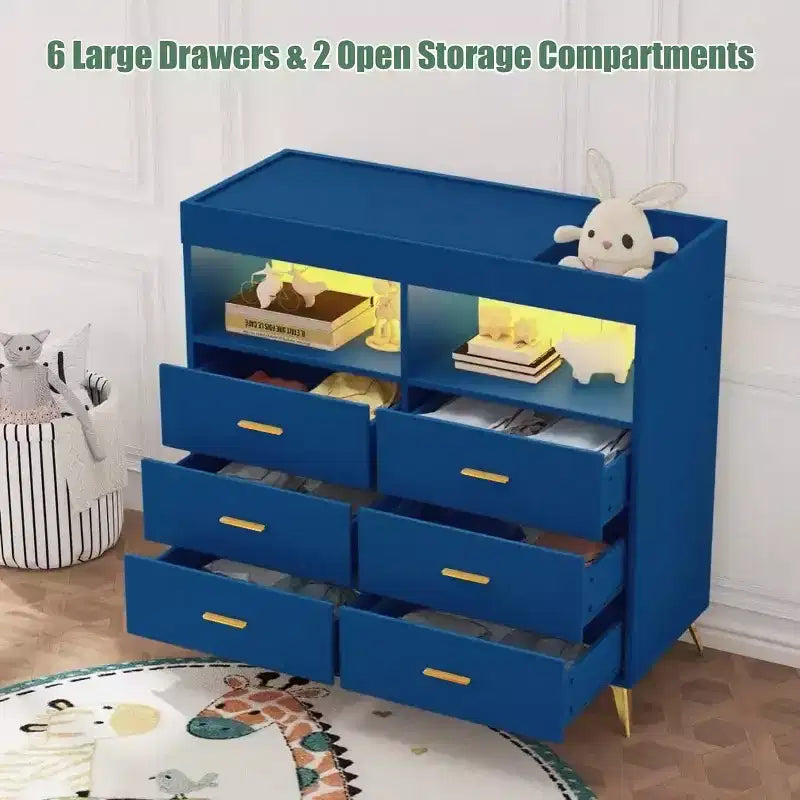 Commode à langer avec tiroirs, Commode bébé avec plan à langer, Prise électrique, Lumière LED et pieds en métal, Station de change