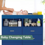 Commode à langer avec tiroirs, Commode bébé avec plan à langer, Prise électrique, Lumière LED et pieds en métal, Station de change