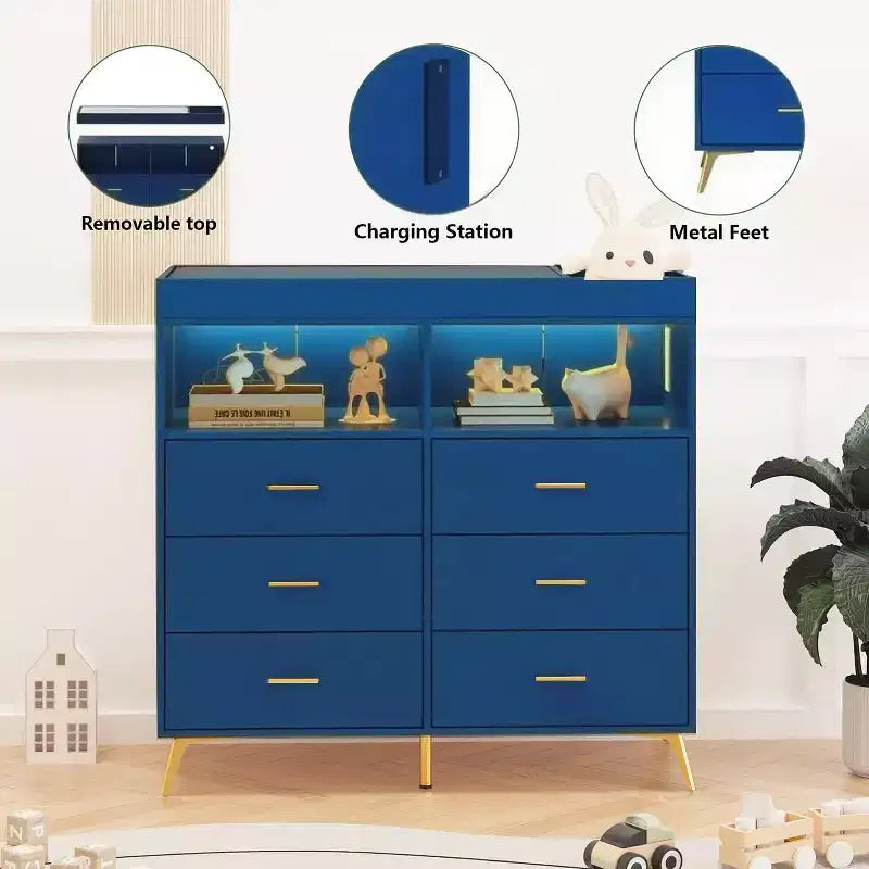 Commode à langer avec tiroirs, Commode bébé avec plan à langer, Prise électrique, Lumière LED et pieds en métal, Station de change