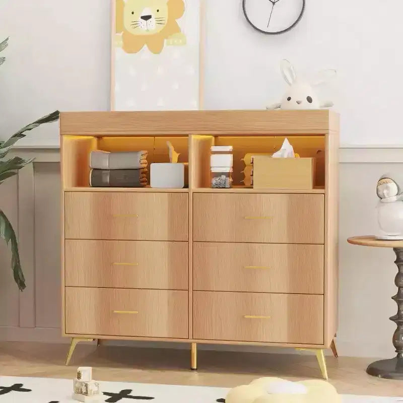 Commode à langer avec tiroirs, Commode bébé avec plan à langer, Prise électrique, Lumière LED et pieds en métal, Station de change
