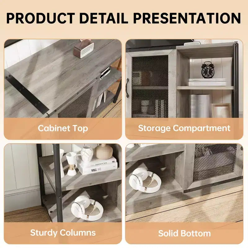 Meuble TV industriel avec meuble de rangement et 2 portes grillagées, meuble TV 2 niveaux avec console TV rustique en bois