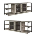 Meuble TV industriel avec meuble de rangement et 2 portes grillagées, meuble TV 2 niveaux avec console TV rustique en bois