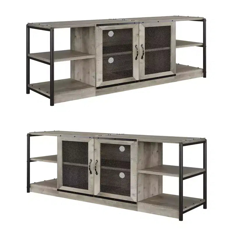 Meuble TV industriel avec meuble de rangement et 2 portes grillagées, meuble TV 2 niveaux avec console TV rustique en bois