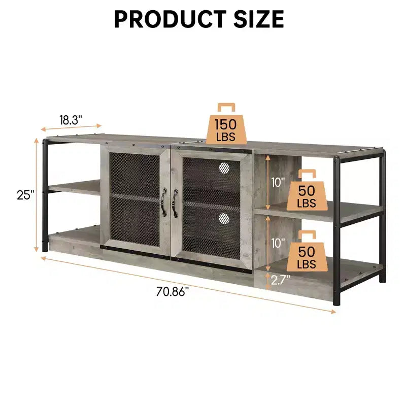 Meuble TV industriel avec meuble de rangement et 2 portes grillagées, meuble TV 2 niveaux avec console TV rustique en bois
