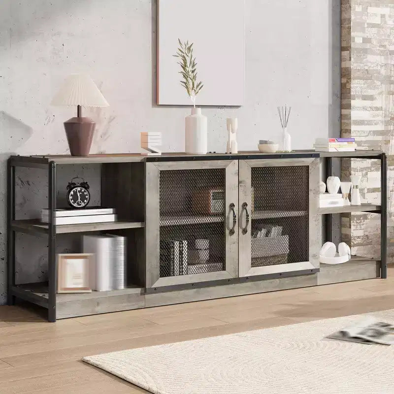 Meuble TV industriel avec meuble de rangement et 2 portes grillagées, meuble TV 2 niveaux avec console TV rustique en bois