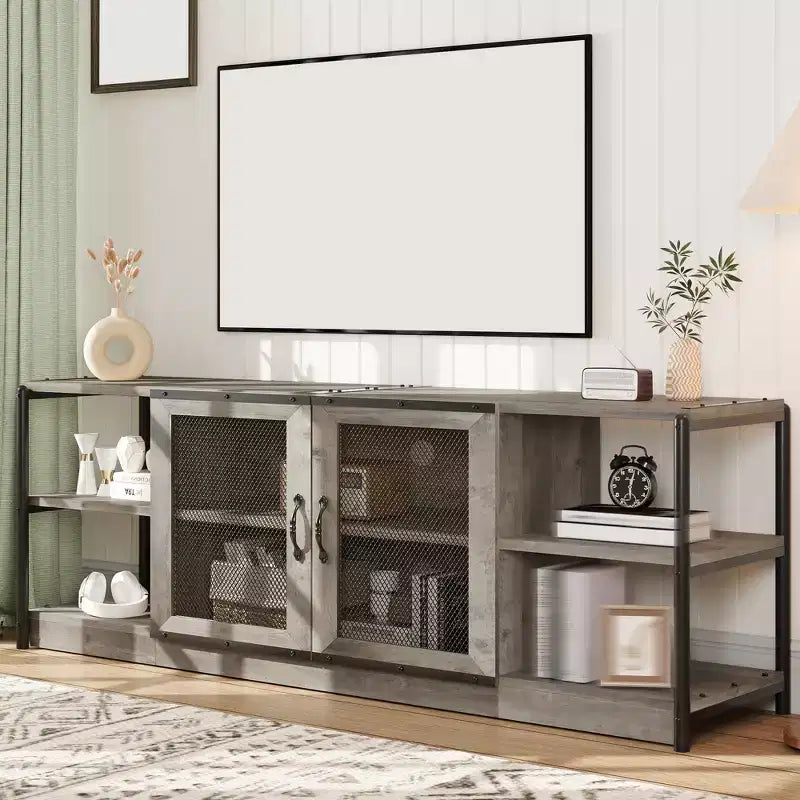 Meuble TV industriel avec meuble de rangement et 2 portes grillagées, meuble TV 2 niveaux avec console TV rustique en bois