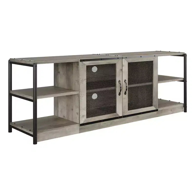 Meuble TV industriel avec meuble de rangement et 2 portes grillagées, meuble TV 2 niveaux avec console TV rustique en bois