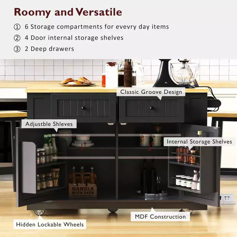 Grand îlot de cuisine JVNOXK de 122 cm, avec panneaux rabattables, chariot de rangement mobile à 5 roues avec 5 étagères latérales ouvertes (tabourets non inclus) Noir