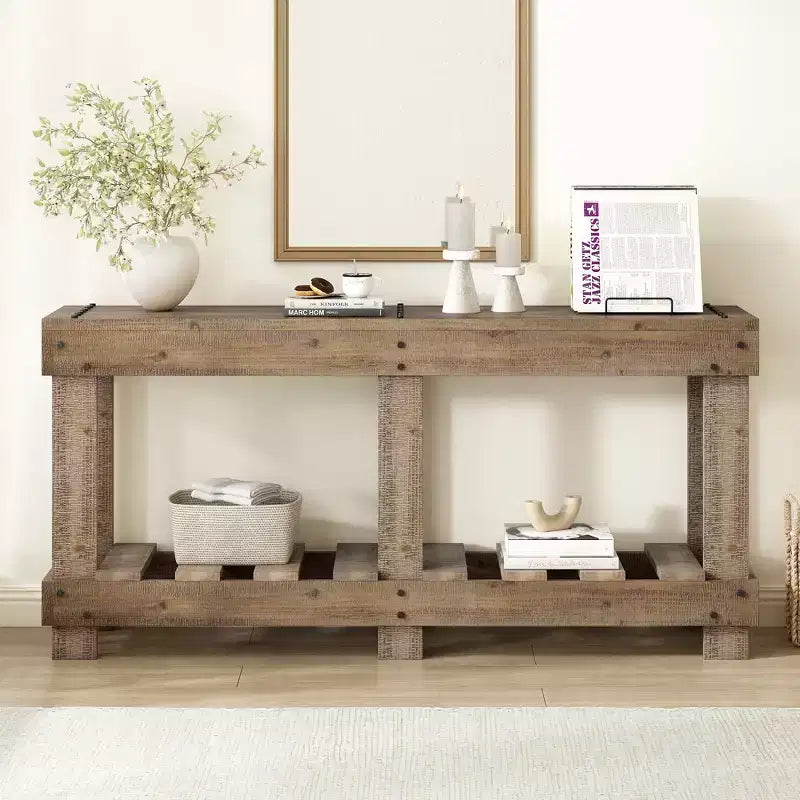 Console rustique avec rangement, table de couloir en bois de sapin massif, table d'entrée vintage avec étagère et pieds renforcés