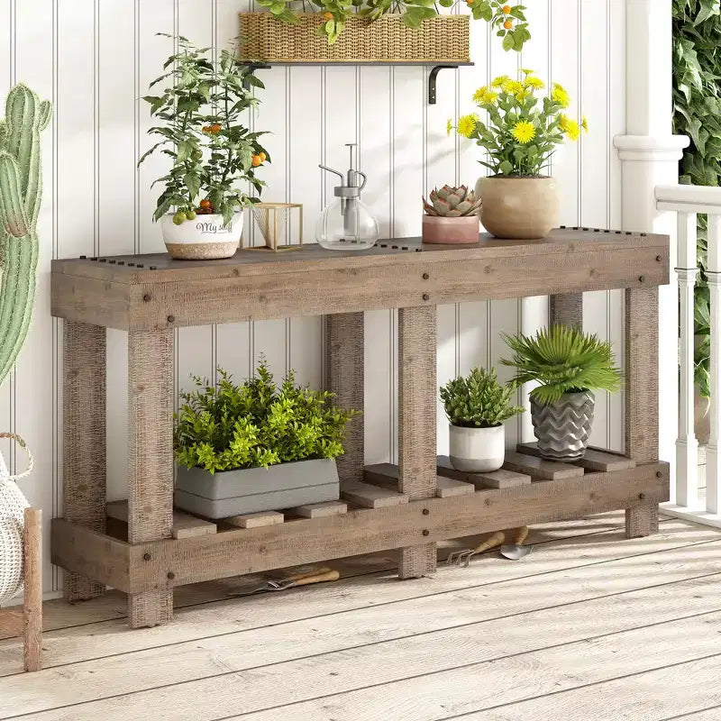 Console rustique avec rangement, table de couloir en bois de sapin massif, table d'entrée vintage avec étagère et pieds renforcés