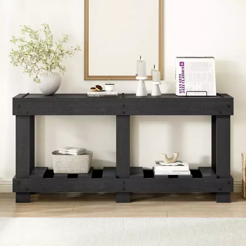 Console rustique avec rangement, table de couloir en bois de sapin massif, table d'entrée vintage avec étagère et pieds renforcés