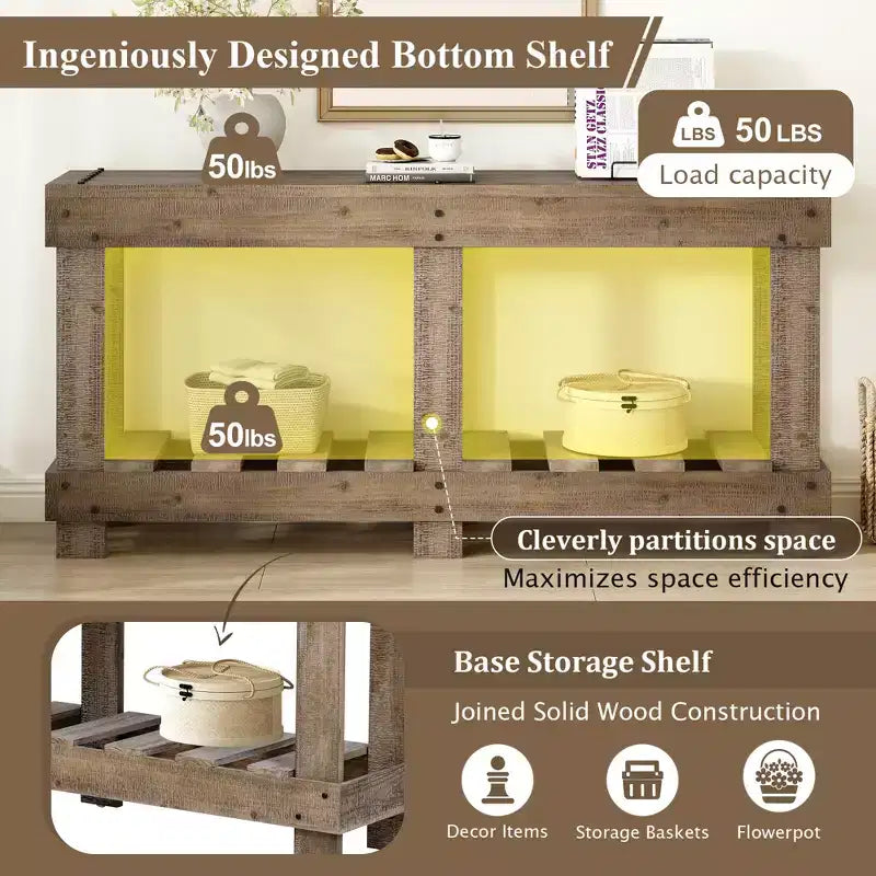 Console rustique avec rangement, table de couloir en bois de sapin massif, table d'entrée vintage avec étagère et pieds renforcés