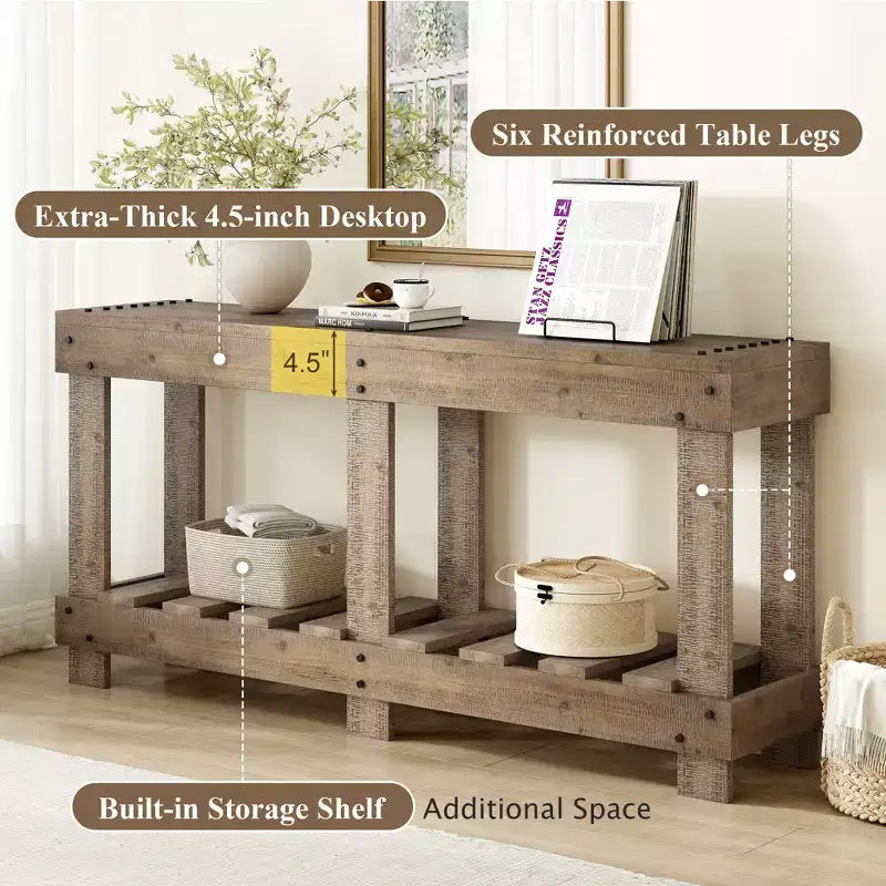 Console rustique avec rangement, table de couloir en bois de sapin massif, table d'entrée vintage avec étagère et pieds renforcés