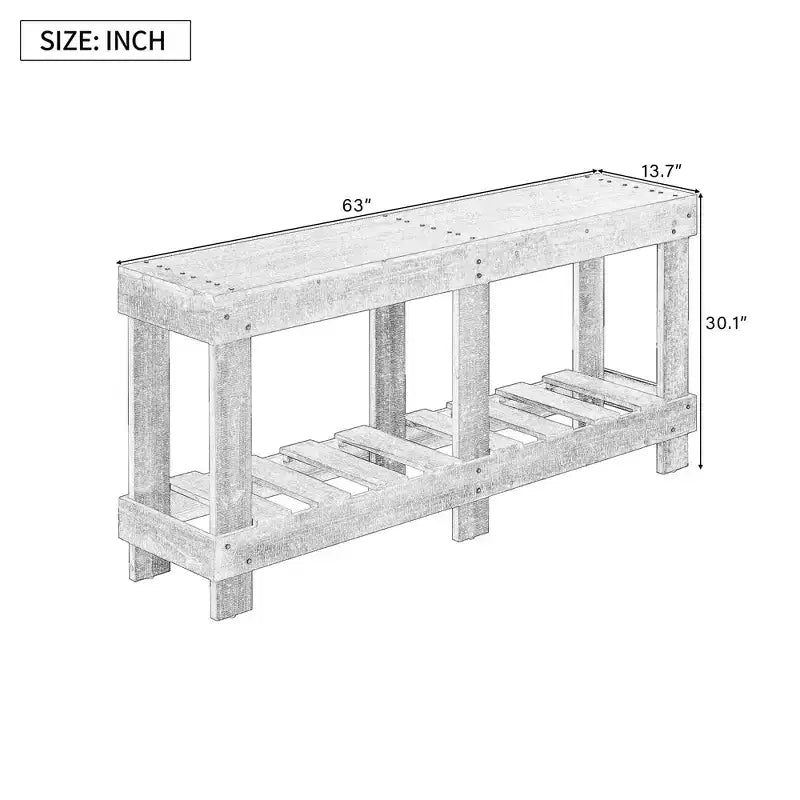Console rustique avec rangement, table de couloir en bois de sapin massif, table d'entrée vintage avec étagère et pieds renforcés