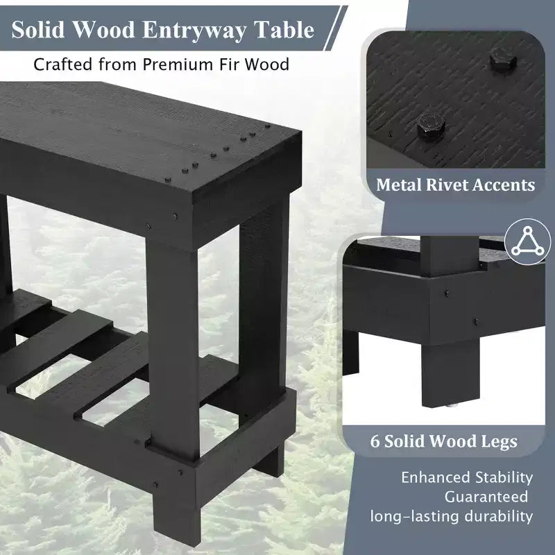 Console rustique avec rangement, table de couloir en bois de sapin massif, table d'entrée vintage avec étagère et pieds renforcés