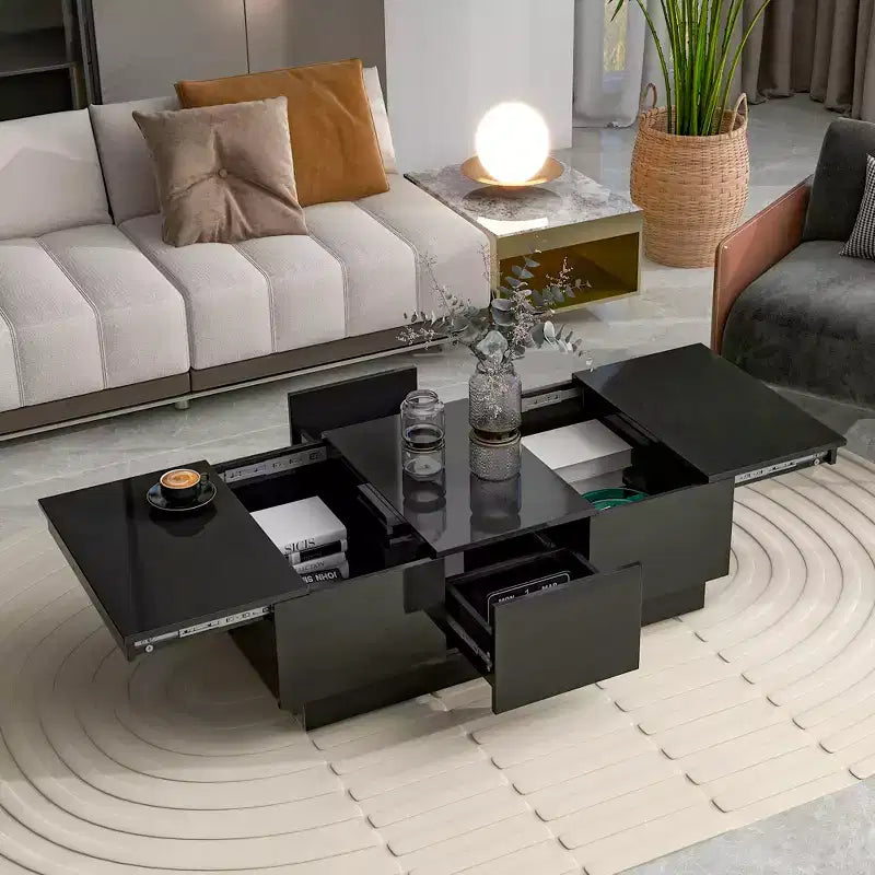 Table Basse Rectangulaire Extensible avec 4 Tiroirs, Rangement Dissimulé et Plateau Coulissant Brillant Anti-UV
