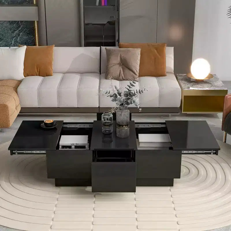 Table Basse Rectangulaire Extensible avec 4 Tiroirs, Rangement Dissimulé et Plateau Coulissant Brillant Anti-UV