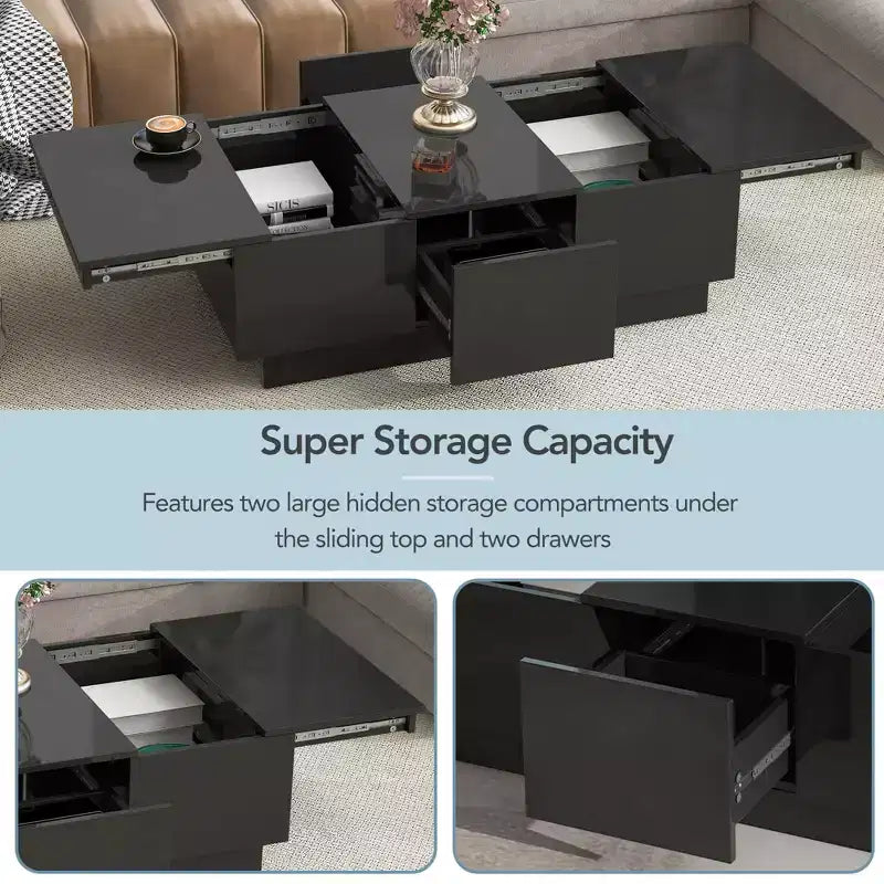 Table Basse Rectangulaire Extensible avec 4 Tiroirs, Rangement Dissimulé et Plateau Coulissant Brillant Anti-UV