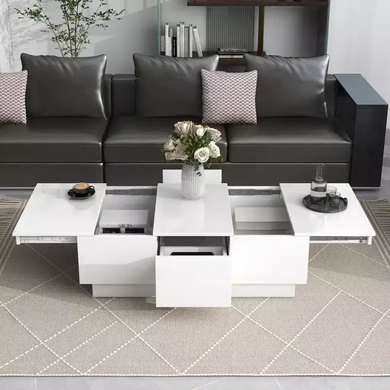 Table Basse Rectangulaire Extensible avec 4 Tiroirs, Rangement Dissimulé et Plateau Coulissant Brillant Anti-UV