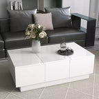 Table Basse Rectangulaire Extensible avec 4 Tiroirs, Rangement Dissimulé et Plateau Coulissant Brillant Anti-UV