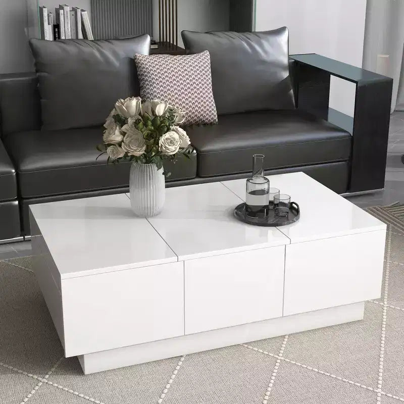 Table Basse Rectangulaire Extensible avec 4 Tiroirs, Rangement Dissimulé et Plateau Coulissant Brillant Anti-UV